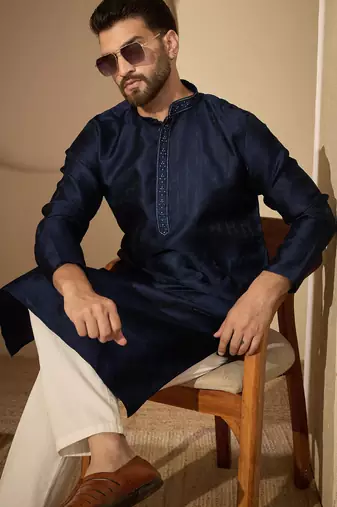 Blue embroidered kurta set for men with trousers – elegant ethnic wear
