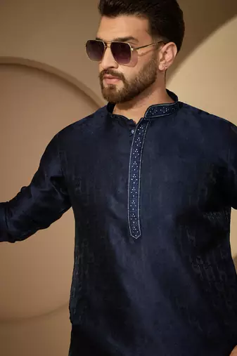 Blue embroidered kurta set for men with trousers – elegant ethnic wear