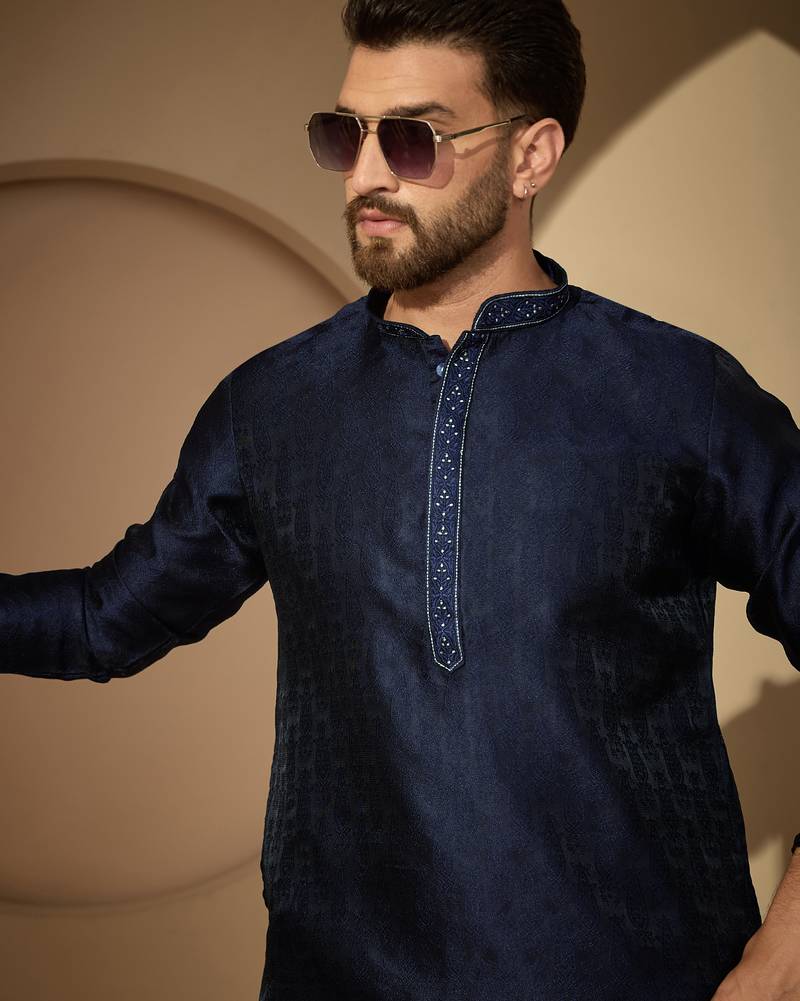 Blue embroidered kurta set for men with trousers – elegant ethnic wear