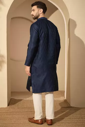 Blue embroidered kurta set for men with trousers – elegant ethnic wear