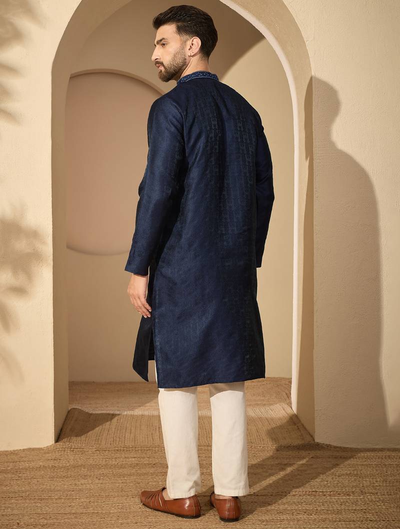 Blue embroidered kurta set for men with trousers – elegant ethnic wear