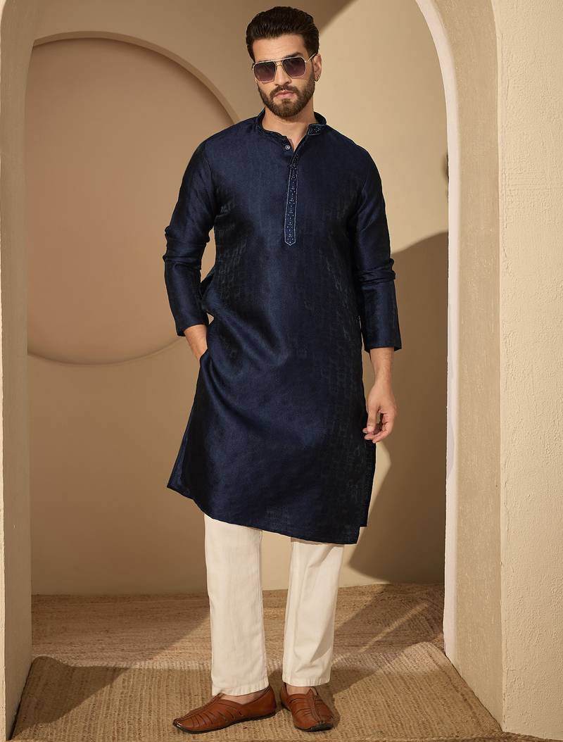 Blue embroidered kurta set for men with trousers – elegant ethnic wear
