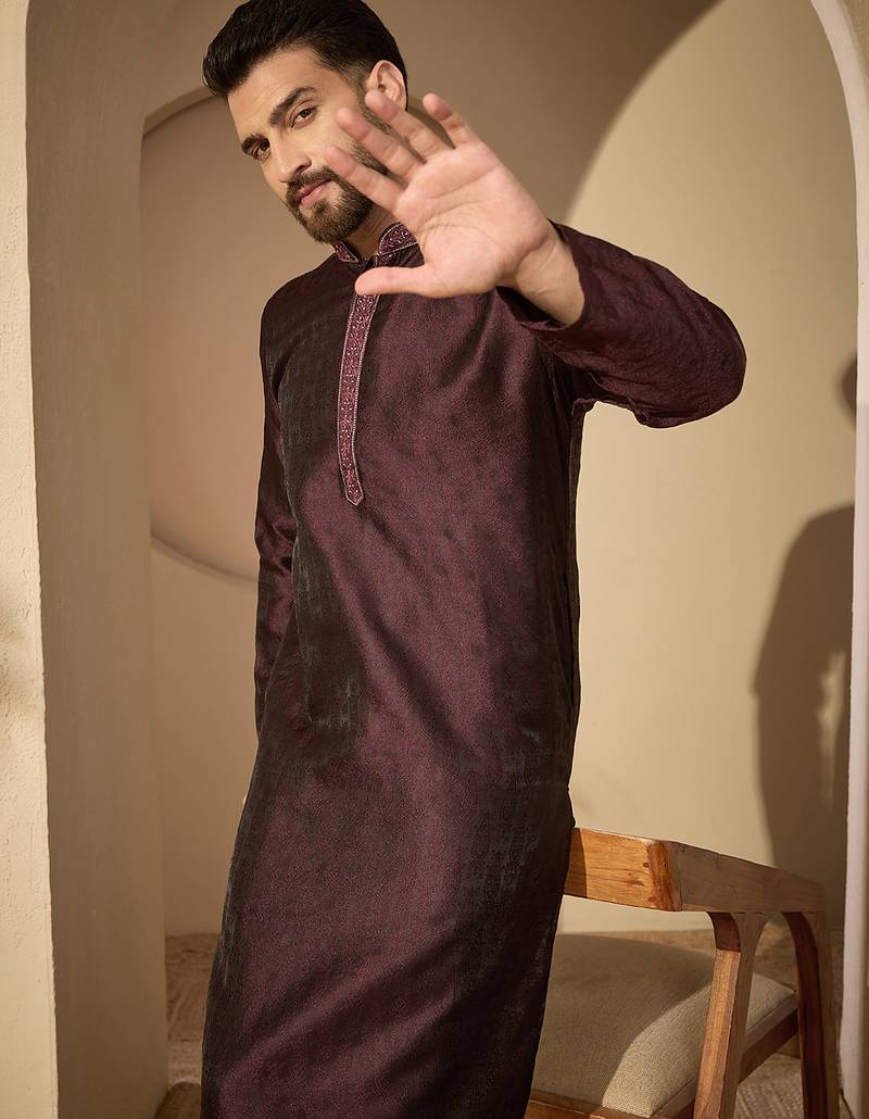 Purple embroidered kurta set for men with trousers – elegant ethnic wear
