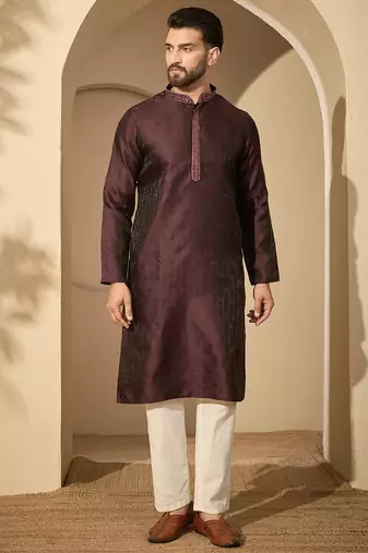 Purple embroidered kurta set for men with trousers – elegant ethnic wear