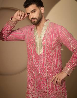 Pink embroidered kurta set for men with trousers – elegant ethnic wear 2