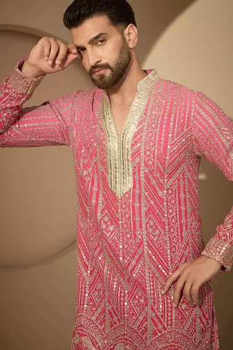 Pink embroidered kurta set for men with trousers – elegant ethnic wear