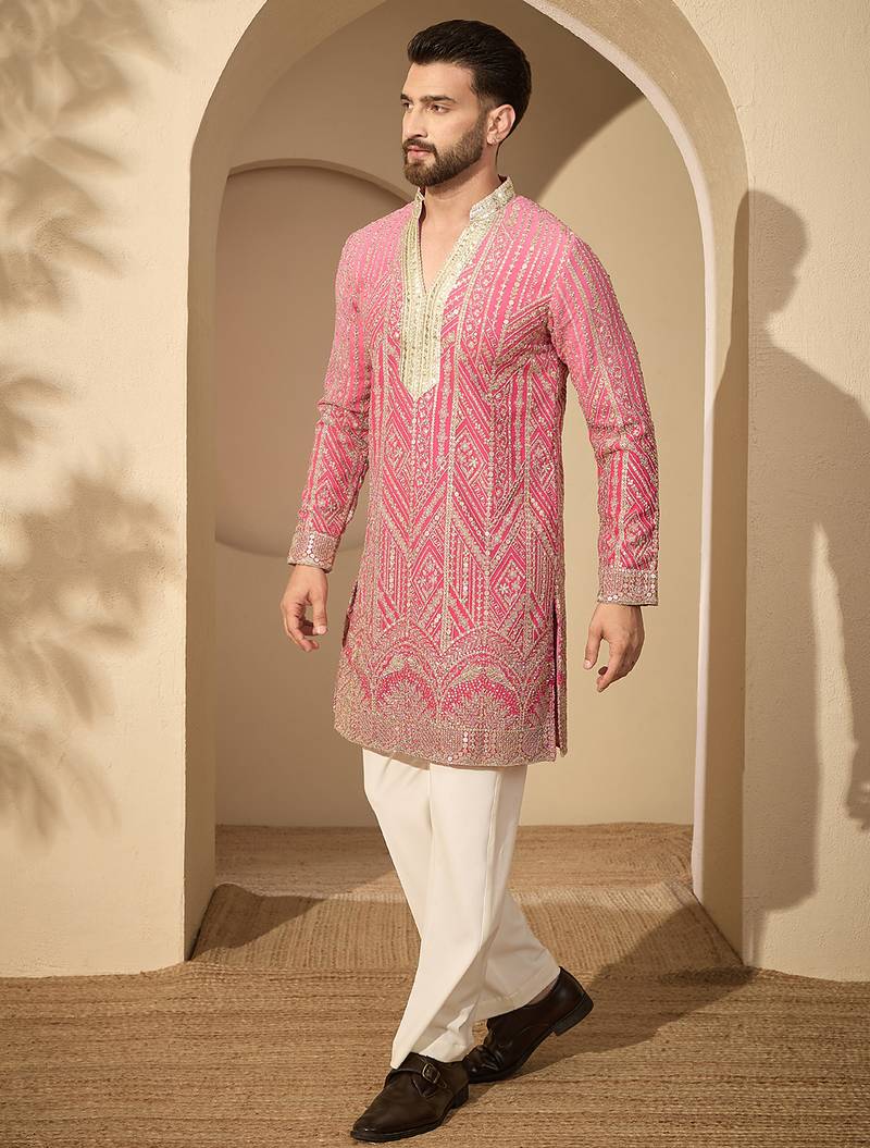 Pink embroidered kurta set for men with trousers – elegant ethnic wear