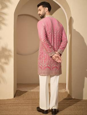 Pink embroidered kurta set for men with trousers – elegant ethnic wear 4