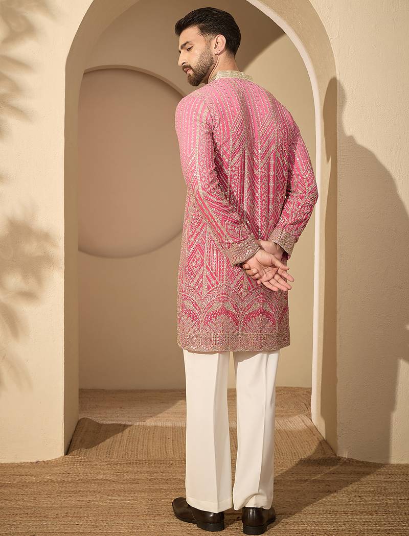 Pink embroidered kurta set for men with trousers – elegant ethnic wear