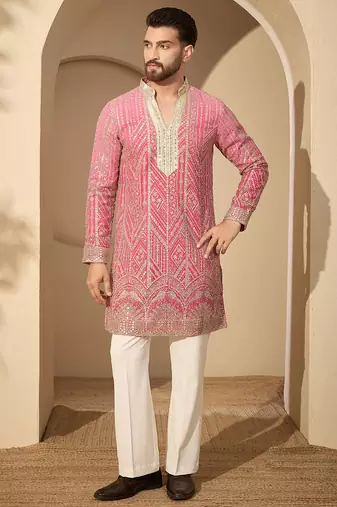 Pink embroidered kurta set for men with trousers – elegant ethnic wear