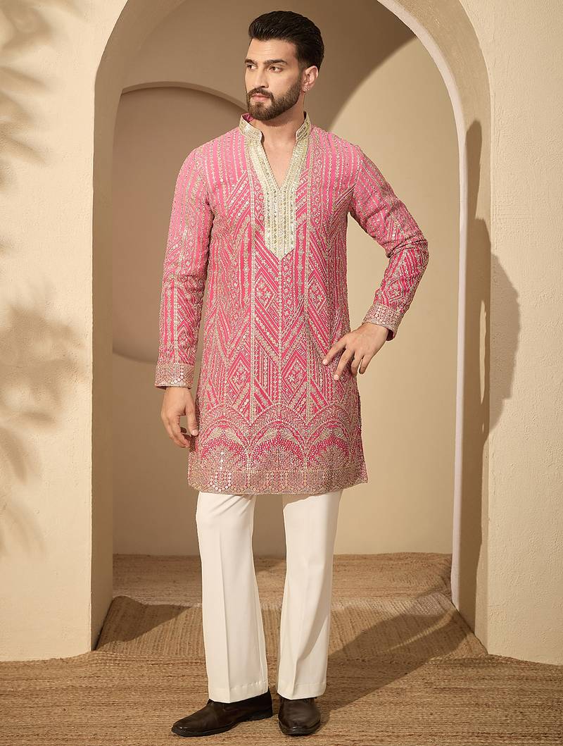 Pink embroidered kurta set for men with trousers – elegant ethnic wear
