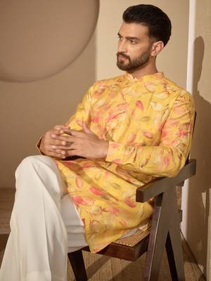 Yellow printed kurta set for men with trousers – elegant ethnic wear 2