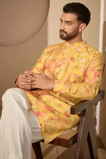 Yellow printed kurta set for men with trousers – elegant ethnic wear