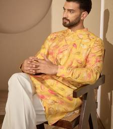 Yellow printed kurta set for men with trousers – elegant ethnic wear