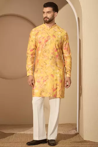 Yellow printed kurta set for men with trousers – elegant ethnic wear