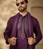Men’s violet silk blend embroidered kurta set with trouser & dupatta – mandarin collar ethnic wear