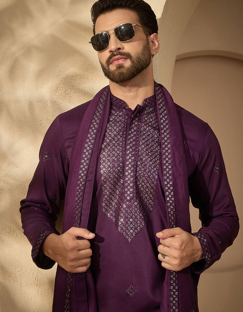 Men’s violet silk blend embroidered kurta set with trouser & dupatta – mandarin collar ethnic wear