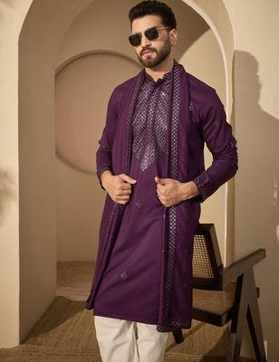 Men’s violet silk blend embroidered kurta set with trouser & dupatta – mandarin collar ethnic wear 2