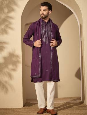 Men’s violet silk blend embroidered kurta set with trouser & dupatta – mandarin collar ethnic wear 5