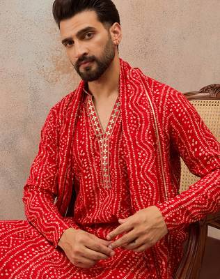 Men’s red viscose rayon printed kurta set with trouser & dupatta – mandarin collar ethnic wear 2