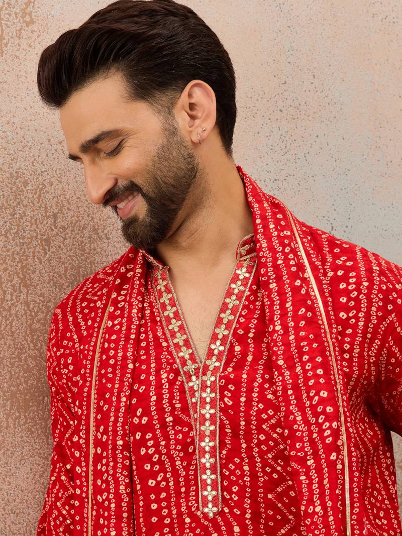 Men’s red viscose rayon printed kurta set with trouser & dupatta – mandarin collar ethnic wear