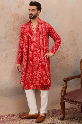 Men’s red viscose rayon printed kurta set with trouser & dupatta – mandarin collar ethnic wear
