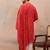 Men’s red viscose rayon printed kurta set with trouser & dupatta – mandarin collar ethnic wear