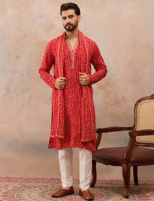 Men’s red viscose rayon printed kurta set with trouser & dupatta – mandarin collar ethnic wear 5