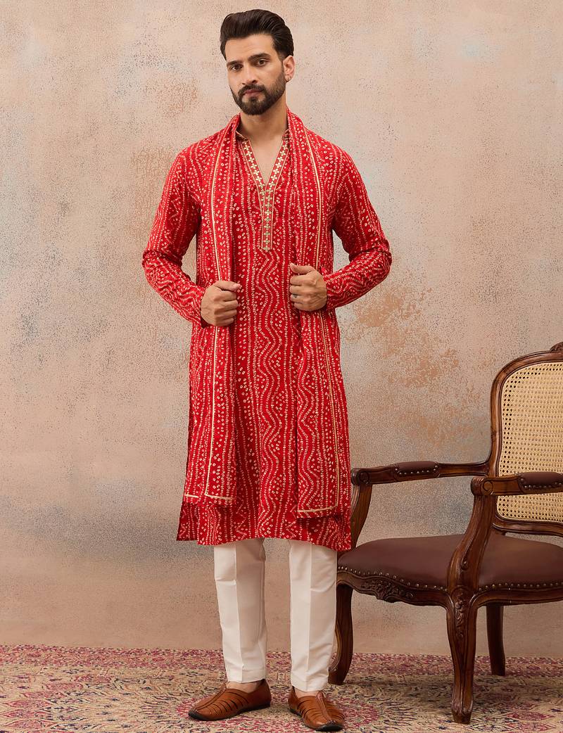 Men’s red viscose rayon printed kurta set with trouser & dupatta – mandarin collar ethnic wear