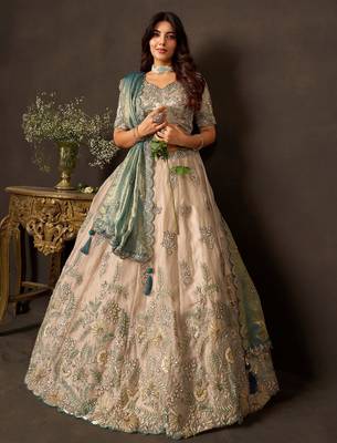 Stunning Cream Embroidered Silk Engagement Wear Lehenga Choli 1
