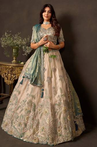 Stunning Cream Embroidered Silk Engagement Wear Lehenga Choli
