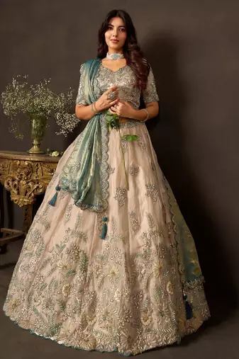 Stunning Cream Embroidered Silk Engagement Wear Lehenga Choli