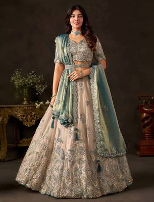 Stunning Cream Embroidered Silk Engagement Wear Lehenga Choli 2