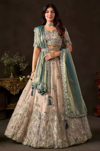 Stunning Cream Embroidered Silk Engagement Wear Lehenga Choli