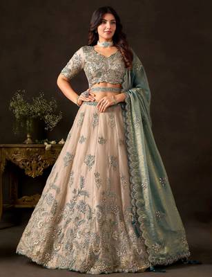 Stunning Cream Embroidered Silk Engagement Wear Lehenga Choli 3
