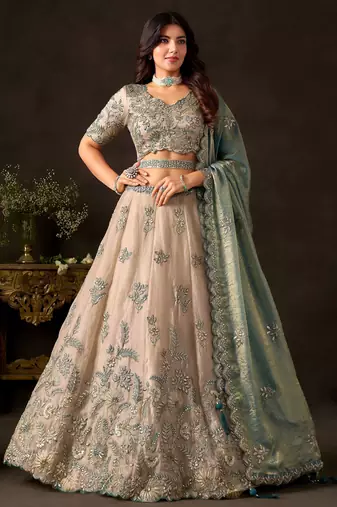 Stunning Cream Embroidered Silk Engagement Wear Lehenga Choli