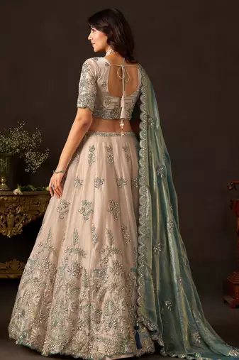 Stunning Cream Embroidered Silk Engagement Wear Lehenga Choli