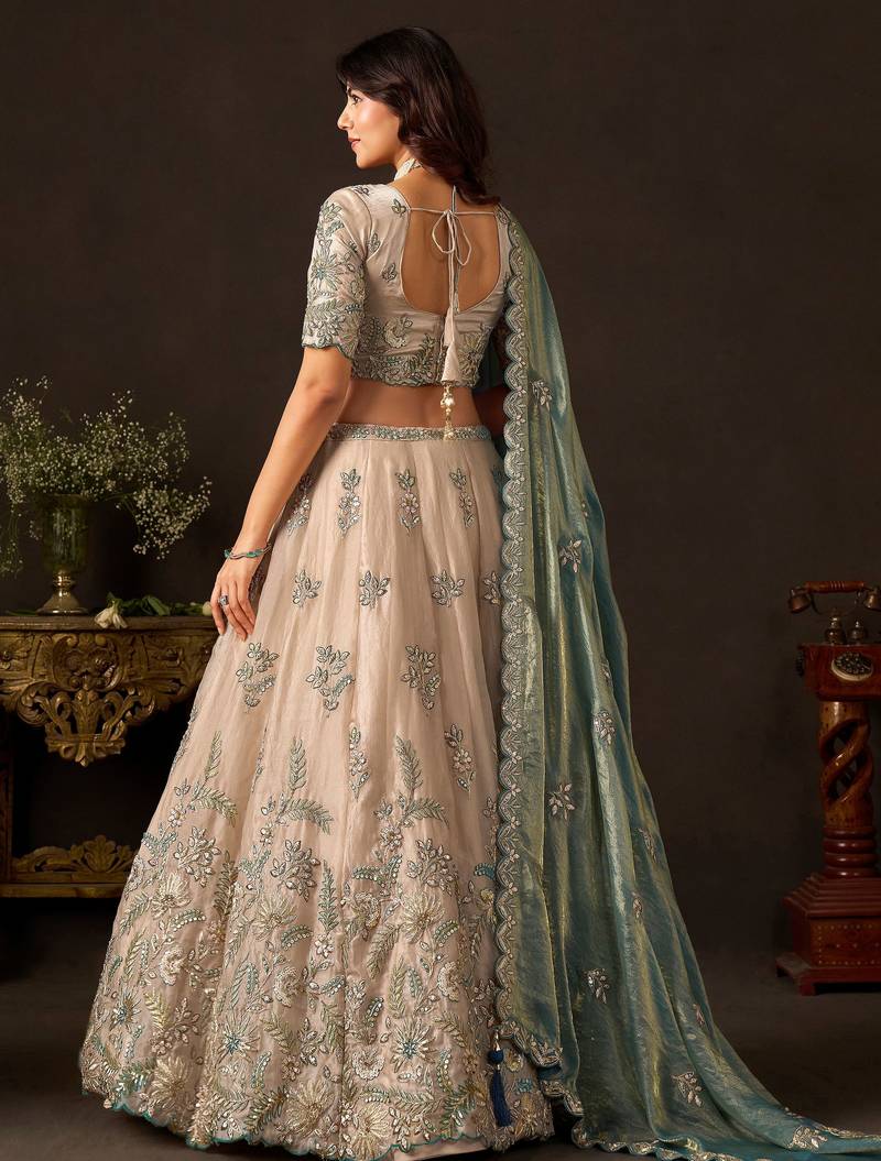 Stunning Cream Embroidered Silk Engagement Wear Lehenga Choli