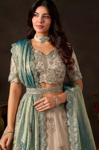 Stunning Cream Embroidered Silk Engagement Wear Lehenga Choli