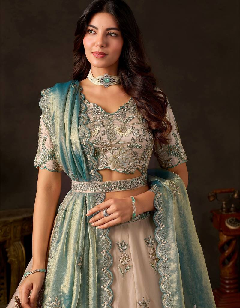Stunning Cream Embroidered Silk Engagement Wear Lehenga Choli