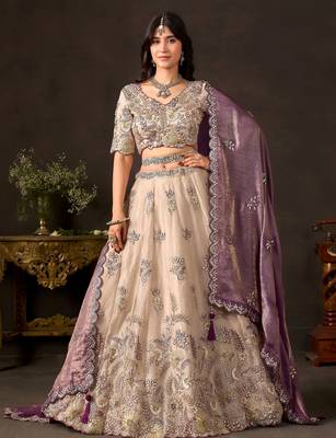 Glamorous Cream Sequins Work Silk Wedding Wear Lehenga Choli 1