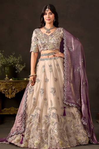 Glamorous Cream Sequins Work Silk Wedding Wear Lehenga Choli