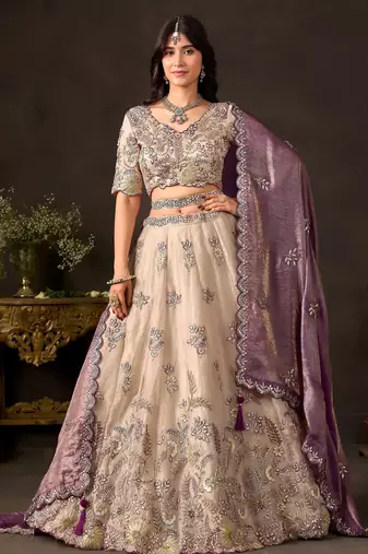 Glamorous Cream Sequins Work Silk Wedding Wear Lehenga Choli