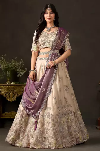 Glamorous Cream Sequins Work Silk Wedding Wear Lehenga Choli