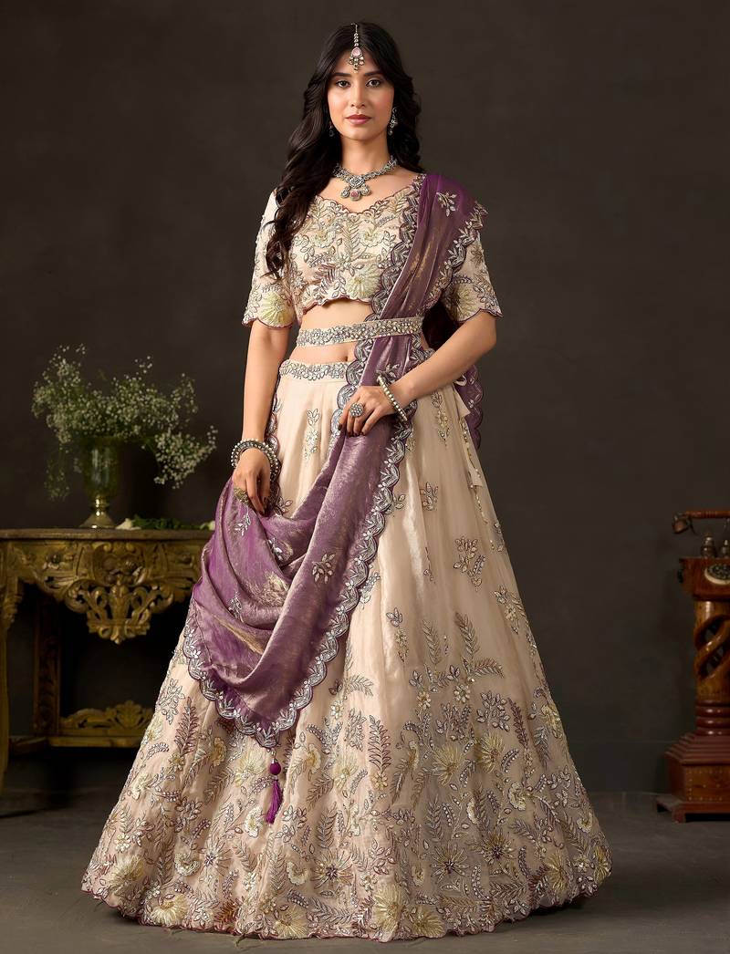 Glamorous Cream Sequins Work Silk Wedding Wear Lehenga Choli