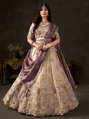Glamorous Cream Sequins Work Silk Wedding Wear Lehenga Choli 3