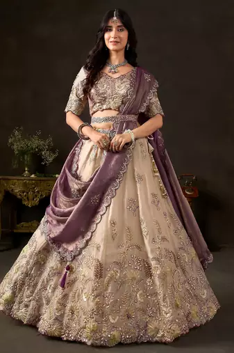 Glamorous Cream Sequins Work Silk Wedding Wear Lehenga Choli