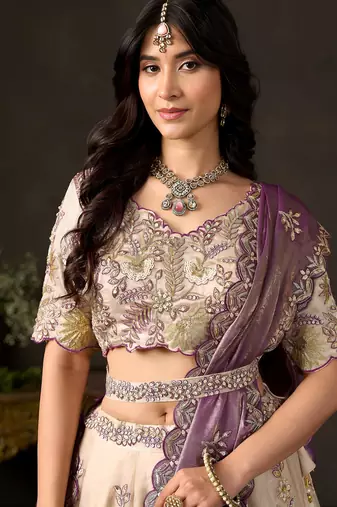 Glamorous Cream Sequins Work Silk Wedding Wear Lehenga Choli