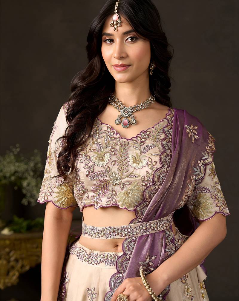 Glamorous Cream Sequins Work Silk Wedding Wear Lehenga Choli