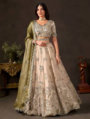 Artistic Cream Embroidered Silk Marriage Wear Lehenga Choli 1